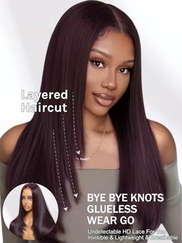 Black Cherry Layered Straight Human Hair Glueless Wig 18in