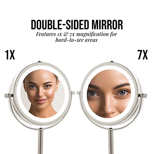 OVENTE Lighted Vanity Mirror 6 Inch Table Top 1X 7X Magnification LED 360 Adjustable Double Sided Spinning Personal Makeup Stand Desk Bathroom Battery Powered Round Large Nickel Brushed MLT60BR1X7X