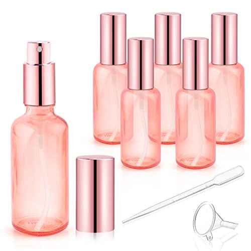 6 Pack 2 Oz Pink Glass Spray Bottles,Empty Perfume Fine Mist Atomizer,Rose-Golden Pump Head Travel Liquid Holder Containers for Cologne,Essential Oils,Body Sprays
