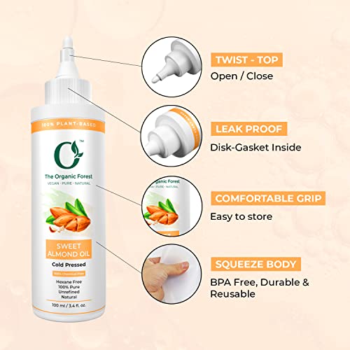 The Organic Forest Almond Oil for Hair, Face, Dry Skin, Cold Pressed 100% Pure Carrier Oil for Essential Body Oils for Women and Men, 100 ML