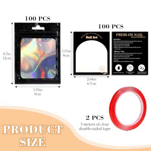 202pcs Press on Nail Packaging Bag, 100pcs Empty Holographic Nail Storage Bag and 100pcs Instruction&Display Black Cardboard with 2 Roll Transparent Tape for Nail Display Profession Salon (Black, 100)