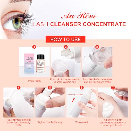 AuReve Lash Shampoo Concentrate 60ml Lash Cleanser Concentrate Add Hyaluronic Acid Oil-Free Lash Extension Shampoo Perfect for Salon，Peach