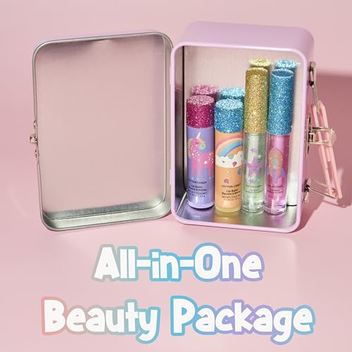 Kids Lip Gloss & Balm Kit with Rainbow Rhinestone Tin Case