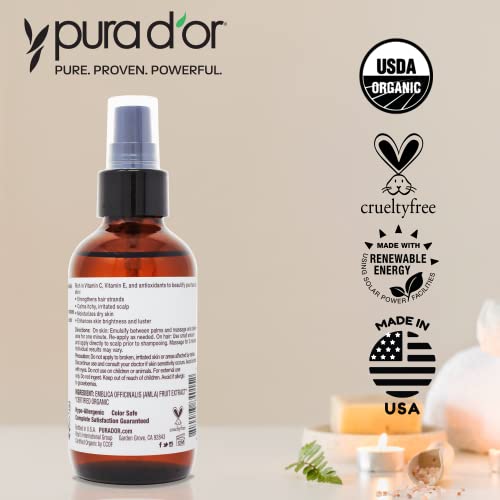 PURA D'OR 4 Oz ORGANIC Amla Oil, 100% Pure USDA Certified Premium Grade, Cold Pressed, Unrefined, Extra Virgin, Hair Serum & Thickening Hair Product w/Pump for Women & Men