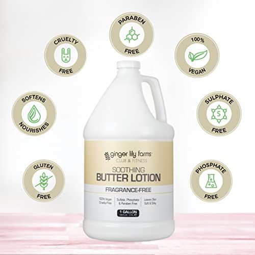 Ginger Lily Farms Club & Fitness Soothing Butter Lotion for Dry Skin, 100% Vegan & Cruelty-Free, Fragrance Free, 1 Gallon (128 fl oz) Refill