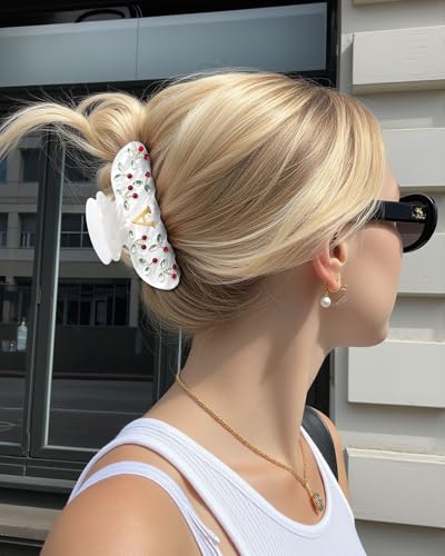 AWAYTR Cherry Monogram Hair Clip with Rhinestones - Durable Claw Clip for Fine Hair