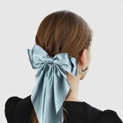 Silky Satin Hair Bows - 4PCS Ribbon Bows for Women & Girls, Big Bow Hair Clips with Long Tail, Barrettes - Cute Hair Accessories Gifts (Black, Blue Grey, Grey, White)