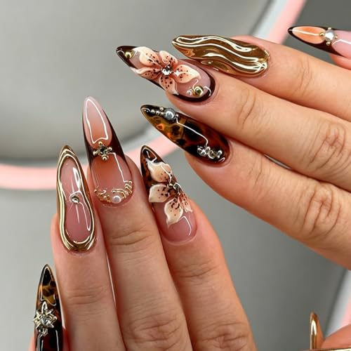 Fall 3D Floral Press On Nails Medium Almond - 24pc