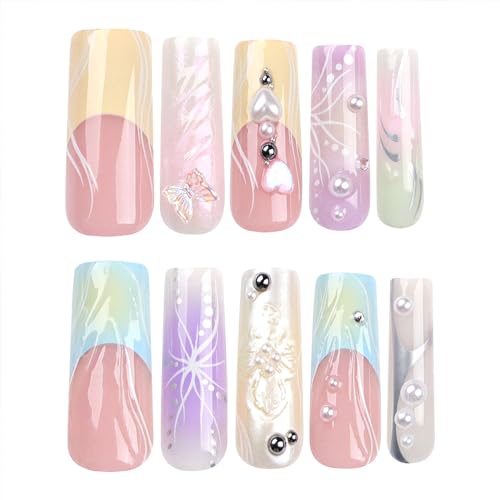 French Tip Press on Nails Long 3D Pearl Fake Nails Colorful Smudge Full Cover Acrylic Nails Square Swirl Glue on Nails Glossy Extra Long Nails Heart Butterfly Stick on Nails for Women 24 Pcs