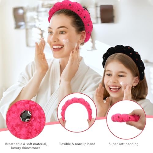 Wecoe 2pcs Rhinestone Skincare Headbands For Washing Face Hot Pink Black Fluffy Spa Headbands Makeup Headband Face Wash Puffy Sponge Bubble Headband Hair Accessories For Women Girls Kids Teens Gifts