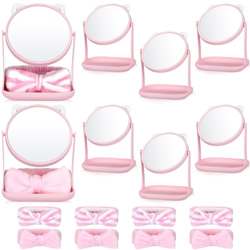 8 Set Spa Party Supplies Cat Table Mirrors Pink Bow Headbands for Sleepover Slumber Birthday Party Favors Washing Face Makeup Gifts(Cat)