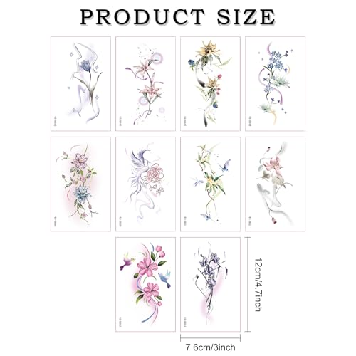 Flower Temporary Tattoo Stickers - 10 Sheets Waterproof