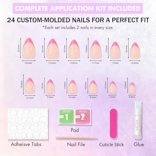 SXVME Almond Sliver Chrome French Tip Press On Nails with Glue Kit, 24 Nails in 12 Sizes
