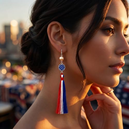 5.7 inch Tassel Patriotic Earrings - Handmade 925 Silver Plated Jewelry