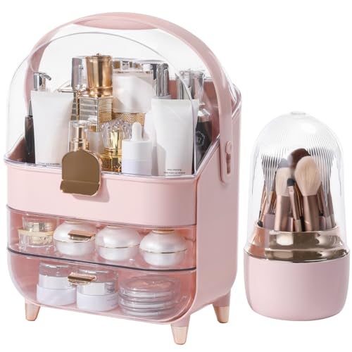 Large Pink Makeup Organizer with Brush Holder & Drawers