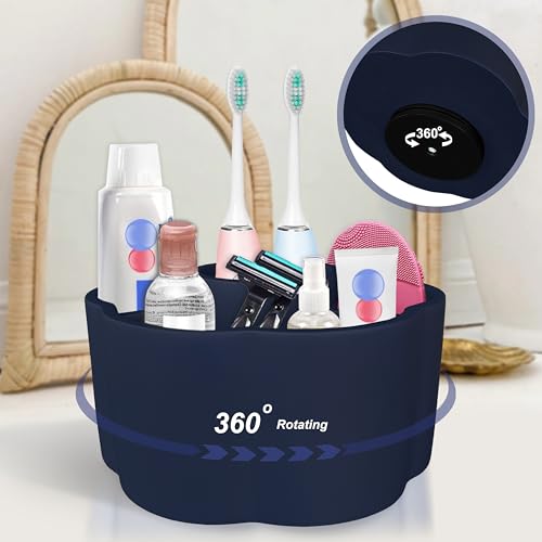 360¡Æ Rotate Makeup Brush Holder, 4 Slot Spin Beauty Tools Organizer, Brush Countertop Display Case, Desktop Storage, Bathroom Vanity Holder, Resin with Navy Blue Rubber Paint.