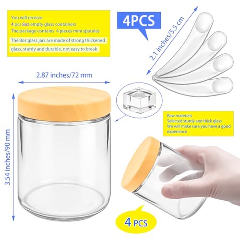 8oz Glass Jars with Woodgrain Lids - 4 Pack Cosmetic Containers