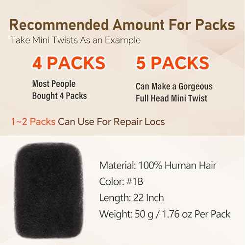 Afro Kinkys Bulk Human Hair -100% Real Human Hair for Mini Twist, Braiding, Loc Extensions & Crochet, Kinky Curly Hair Bundles, Natural Afro Bulk for Dreadlocks(1B, 22 Inch(Pack of 1))