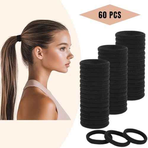 60 Pcs 2 Inch Black No Damage Hair Ties for Women Thick Hair, Large Soft Seamless Nylon Fabric Elastic Hair Ties Ponytail Hair Holders Hair Elastics Hair Band for Women