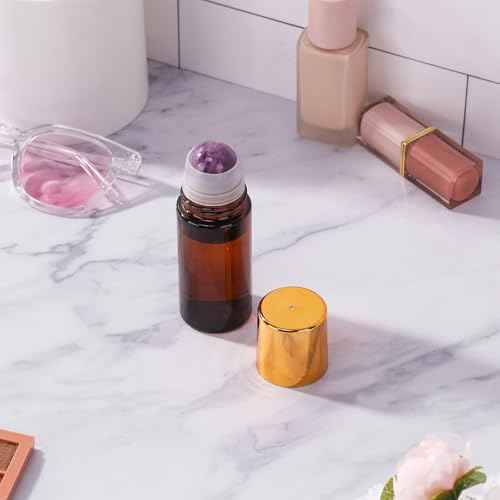 2 pack Large Amber Glass Roll on Bottles for Essential Oils Perfume Refillable Roller Ball Applicator Empty Deodorant Containers with Purple Crystal Rollerball