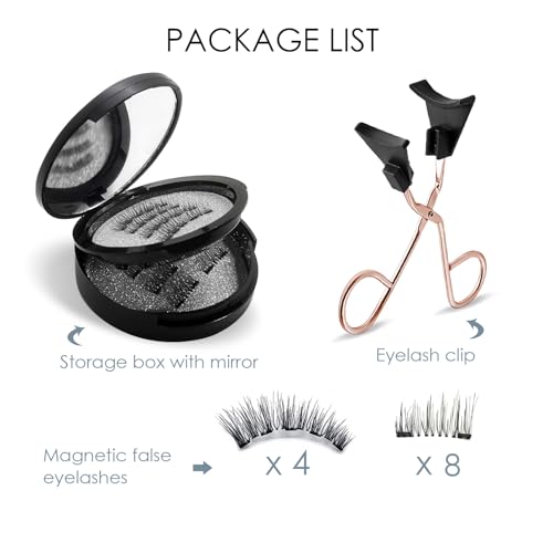 Magnetic Eyelashes-with Applicator, Natural Look Set of Dual Magnetic False Eyelashes, Reusable and Waterproof False Lashes without Eyeliner, No Glue, Easy to Apply, 4 Pairs, Black