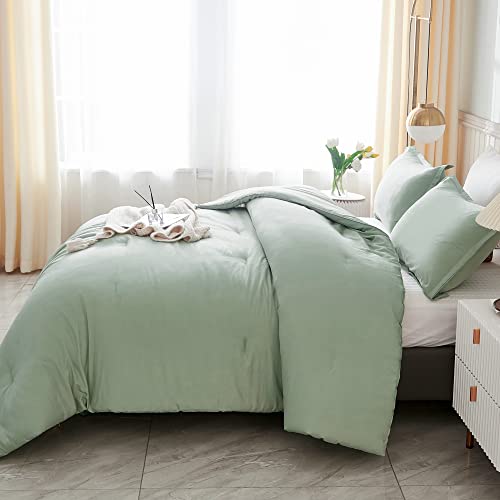 Litanika Queen Comforter Set Sage Green, 3 Pieces Lightweight Solid Bedding Comforters Sets, Double Down Alternative Comforter Bed Set (90x90In Comforter & 2 Pillowcases)