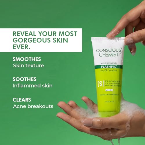 Conscious Chemist¢ç 2% Salicylic Acid Face Wash | 100ml | Face Wash for Oily & Acne Prone Skin for Men & Women, Glycolic Acid & CICA Extract, For Glowing & Radiant Skin, Vegan & Cruelty Free - Flashfix