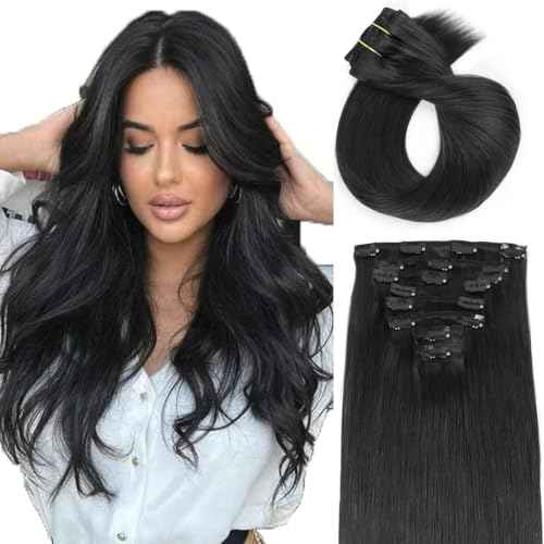 ABH AMAZINGBEAUTY HAIR Clip in Hair Extensions Real Human Hair Clip Extensions Real Human Hair Clip ins Black Silky and Soft Full Head Clip ins Human Hair Jet Black #1 Color 8 Pcs 14inch 120g