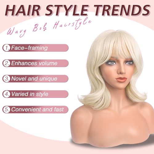 Haloo 14-Inch Blonde Bob Wig with Bangs - Wavy Medium Synthetic Hair
