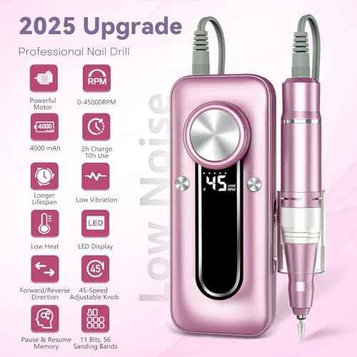 Nail Drill Electric Nail File Kit 45000 RPM Professional Efile Nail Set,Cordless Portable Rechargeable Acrylic Gel Nail Polish Remover Machine Pedicure Manicure Tool with 11 Bits for Salon Home