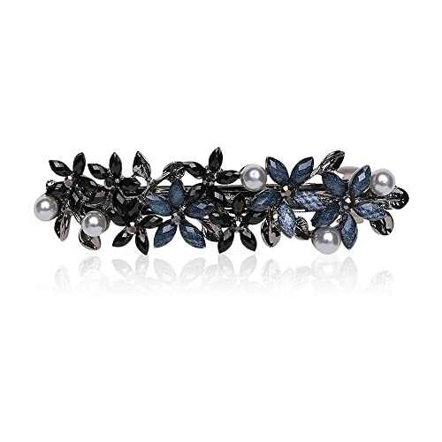 Flower Rhinestone Hair Barrettes for Women Fine Hair Glitter Sparkle Fancy Hair Clips for Women And Girls Elegant Pearl Barrettes (Black&Blue)