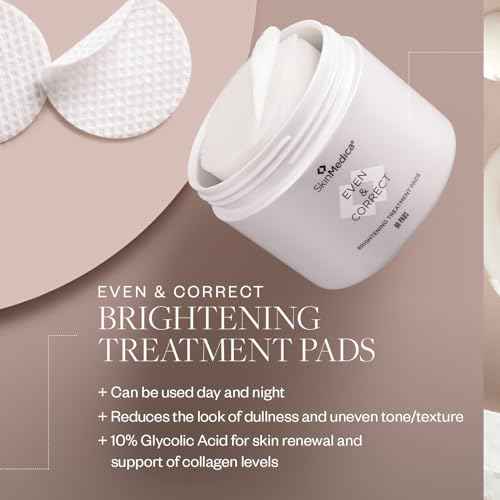 SkinMedica Even & Correct Brightening Treatment Pads For Face Exfoliating, 10% Glycolic Acid Pads That Are Retinol-Free, Alcohol-Free and Hydroquinone-Free, 60 Ct