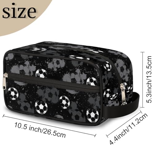 Kids Travel Toiletry Bag - Black White Soccer Ball Waterproof Hanging Cosmetic Hygiene Bags for Boys Men - Large Shave Kit for Toiletries Accessories Bathroom Stuff