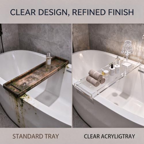 CXNGD Bathtub Tray Table, Clear Acrylic 32.3 x 7.9 x 1.2in, Anti-Slip Bath Caddy for 2