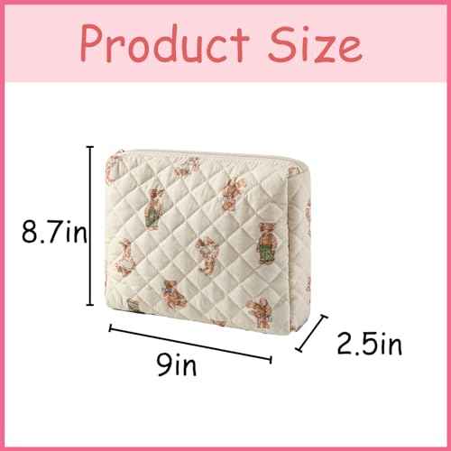 Quilted Cotton Makeup Bag 2Pcs Coquette Cosmetic Bag,Large Soft Floral Travel Toiletry Bag for Women and Girls (01Bear)