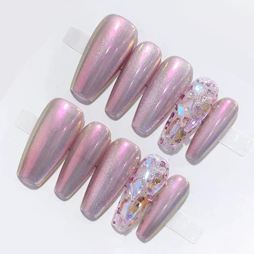 WOMHOPE Press on Nails False Nails Handmade Acrylic Nails for Women and Girls Aurora Power Rhinestone Full Cover 10pcs Almond,Coffin,Oval (Medium Coffin, Large)