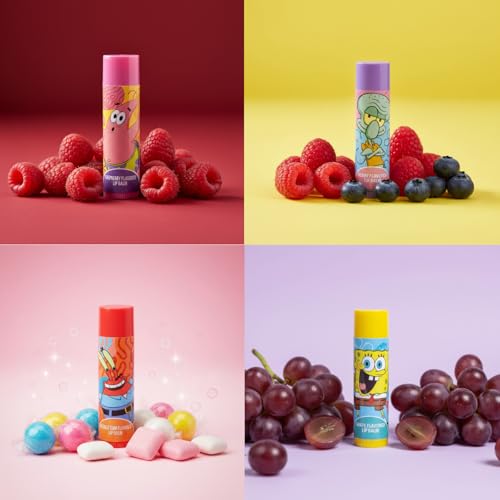 Spongebob Squarepants 4PK Plant-Based, Fruity Scented Lip Balm, & 1 Tin, Colorful Hydrating Mosturizor Swirl Lip Balm Set for Kids, by Townley Girl