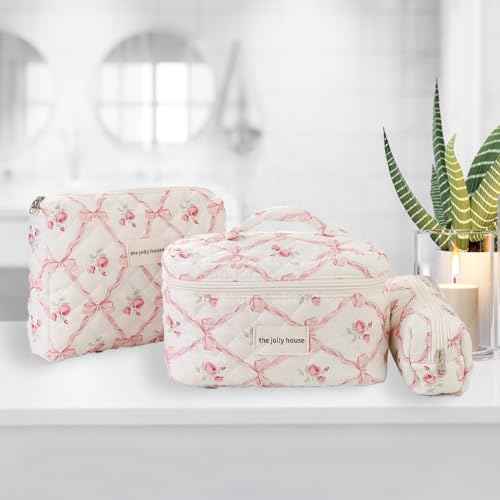3PCS Cotton Quilted Floral Makeup Bag Set for Women Girls, Cute Make Up Bags with Brush Pockets, Large Wide-Open Toiletry Pouch Gifts for Toiletries Accessories Travelling Essentials