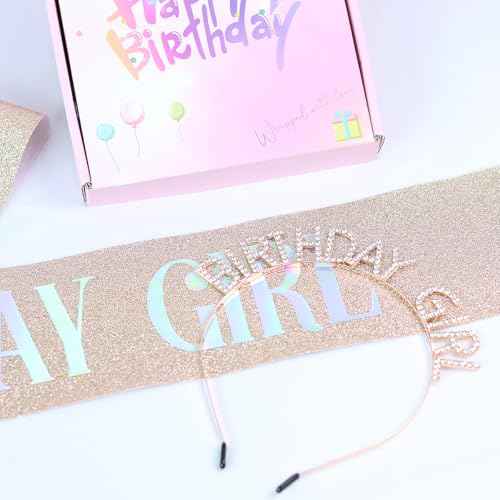 Rose Gold Birthday Girl Sash,Headband,Happy Birthday Banner,Hanging Swirl Decorations,Rhinestone Tiara Crown for Princess,Gift for Women.