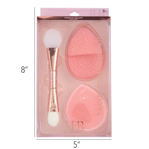3pc Facial Cleansing Kit - Silicone Face Scrubber, Exfoliating Face Sponge, and Dual Ended Mask Applicator | Esthetician Supplies & Spa Accessories for Women