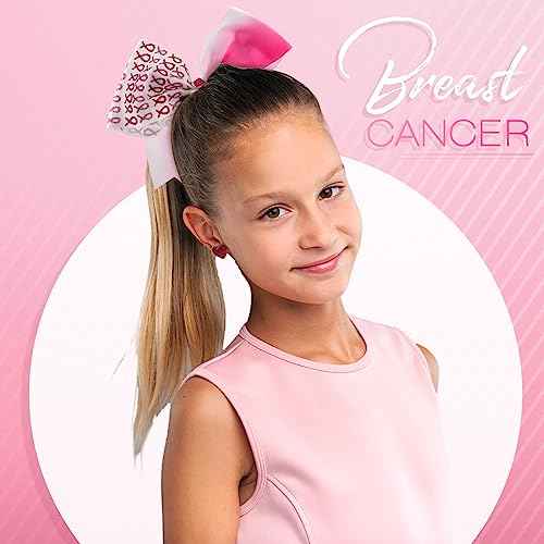 Retrowavy 18 Pcs 7 Inch Breast Cancer Awareness Cheer Bows Pink Ribbon Hair Bows Accessories Hair Tie Ponytail Holder Elastic Band for Teens Women Cheerleader Public Charity(Ribbon)