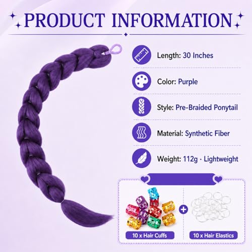 30-Inch Purple Braids Ponytail - Synthetic Pre-Braided Hair Extensions