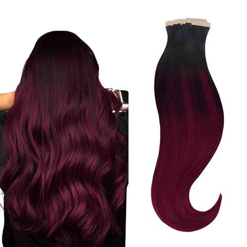 HOTBANANA Tape in Hair Extensions, 22 Inch Tape in Hair Extensions Human Hair 20pcs 50g Jet Black to Burgundy Tape ins Straight Remy Human Hair