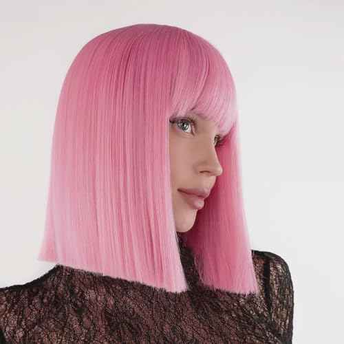 Pink Bob Wig with Bangs Short Straight Bob Wigs for Women - 12 Inch Heat Resistant Synthetic Hair for Halloween Costume Cosplay Party