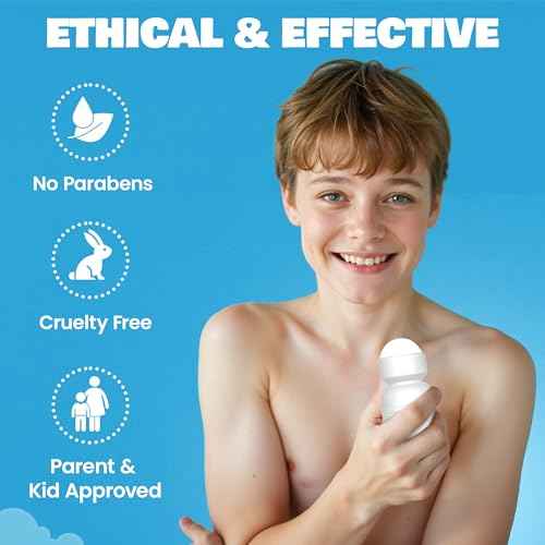 Fresh Kidz Roll On Deodorant for Kids and Teens - Baking Soda and Aluminum-free 24 Hour Protection for Sensitive Skin - Boys "Blue" 1.86 fl.oz. (2 Pack)