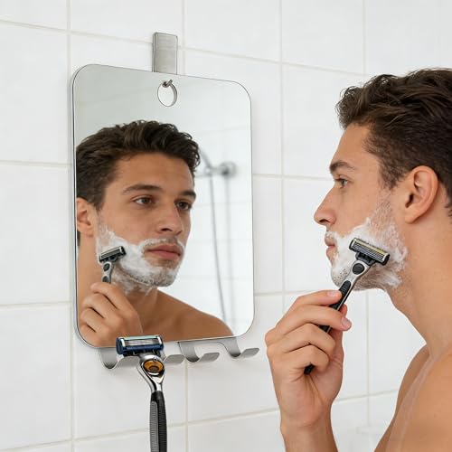 Yuibthr 6.8 x 5.4 Inch Fogless Shower Mirror with 2 Razor Holders, Anti-Fog Wall Bathroom Mirror