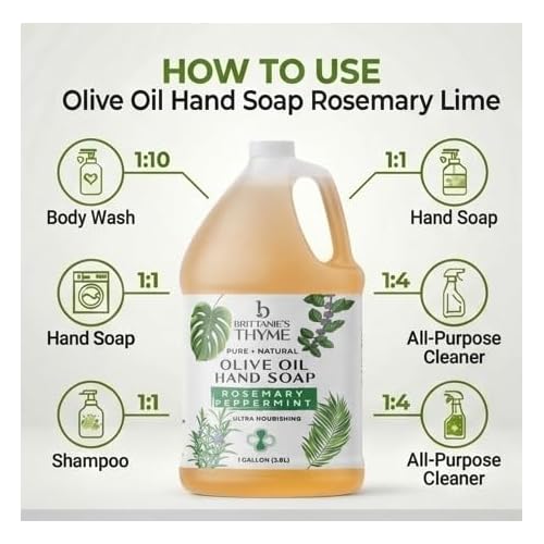 Brittanie's Pure Organic Castile Liquid Olive Oil Soap Refill, Rosemary Peppermint, 1 Gallon | Face, Body Wash, Dishes, Pets & Laundry | Vegan & Gluten Free Non-GMO