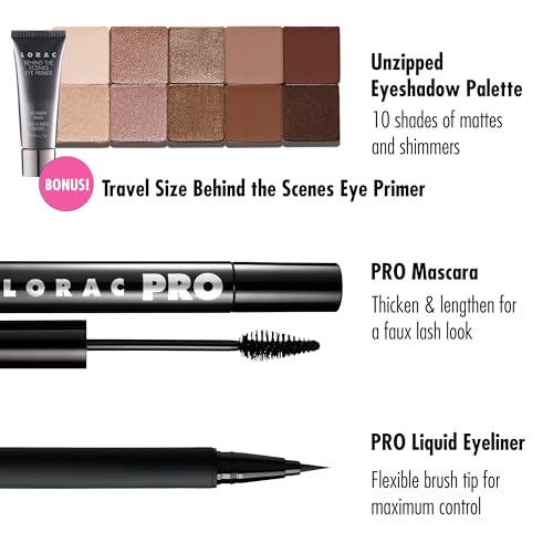 LORAC Glam Eyes Makeup Bundle: Unzipped Eyeshadow Palette, PRO Mascara, PRO Liquid Eyeliner (BONUS: Behind The Scenes Eye Primer in Travel Size)