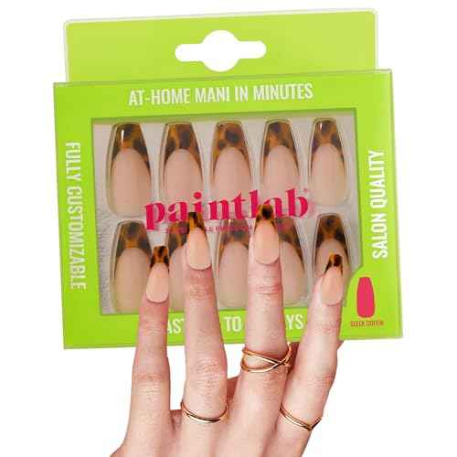 PaintLab Press-On Nails Manicure Kit, Tortoise Chic, 30-Piece Set, Long-Lasting Fake Nails with Glue, File, Prep Pad & Cuticle Stick