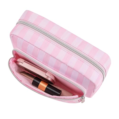 Cute Pink & White Stripe Makeup Bag with Compartments,Nylon Travel Essentials Coquette Cosmetic Bag Organizer Toiletry Bag for Women Girls (02Compartments)